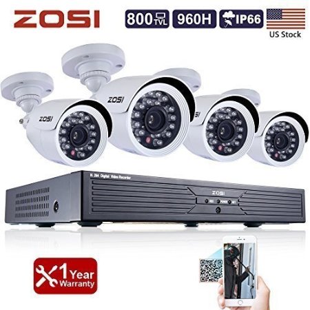 ZOSI 4CH 960H Full D1 Recording Home Security DVR 4PCS HD 800TVL 24IR Cameras Outdoor Day and Night Color CMOS 65ft Night Vision Surveillance Remote Smart Phone 3G  Wifi Viewing Security Kit NO HDD