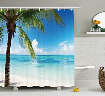 Ambesonne Ocean Shower Curtain, Exotic Beach Water and Palm Tree by The Shore with Clear Sky Landscape Image, Fabric Bathroom Decor Set with Hooks, 84 Inches Extra Long, Green Blue White