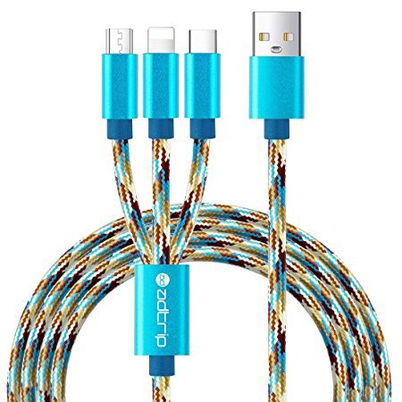ADTRIP Multi USB Cable 3 in 1 Multiple USB Charging Cable with Lightning / Type C / Micro USB Ports for iPhone 5S / 6 / 7 Samsung HTC Huawei Xiaomi and More