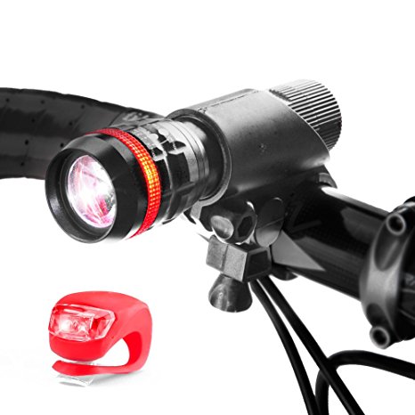 iKross Bike Light Set, Super Bright Mount LED Zoom Front Headlight Mount Holder   Flash Rear Back Tail Light for Bikes, Hybrid, Road, MTB, Mountain Bicycle, Cycle - Black / Red