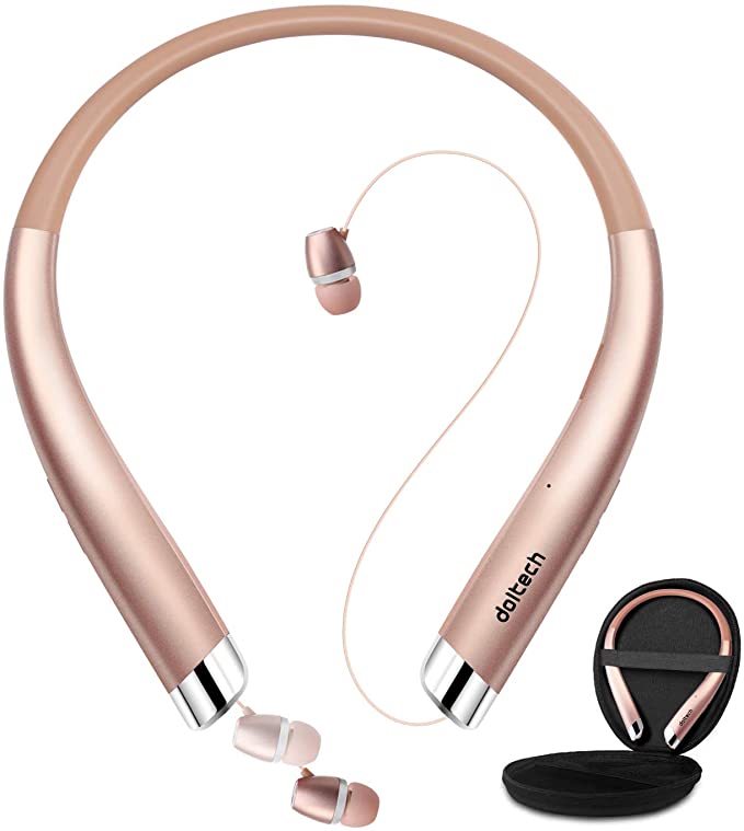 Bluetooth Headphones, Doltech Bluetooth 5.0 Neckband Wireless Headphones Noise Cancelling Headset with Carrying Case, Retractable Earbuds Stereo Earphones with Mic (Rose Gold)