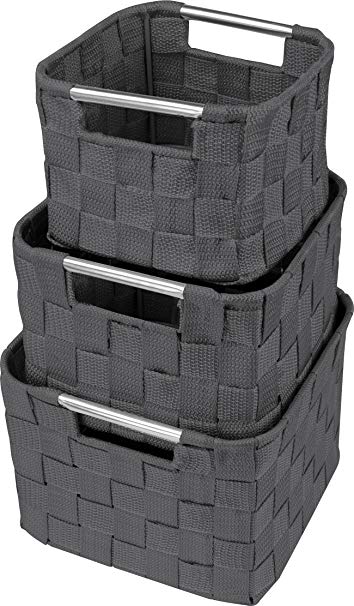 Sorbus Storage Box Woven Basket Bin Container Tote Cube Organizer Set Stackable Storage Basket Woven Strap Shelf Organizer Built-in Carry Handles (Square Round Woven Basket Set - 3 Piece, Gray)