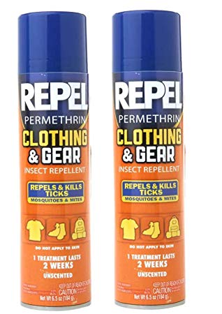 2 Pack Repel Permethrin Clothing & Gear Insect Repellent Aerosol Spray, 6.5-Ounce each bottle, Repels and Kills Ticks, Mosquitoes, Mites