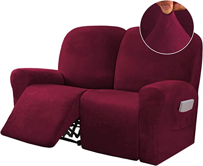BellaHills 6-Pieces Recliner 2 Seater Covers Velvet Stretch Reclining Couch Covers for 2 Cushion Sofa Slipcovers Furniture Covers Form Fit Customized Style Thick Soft Washable, Burgundy