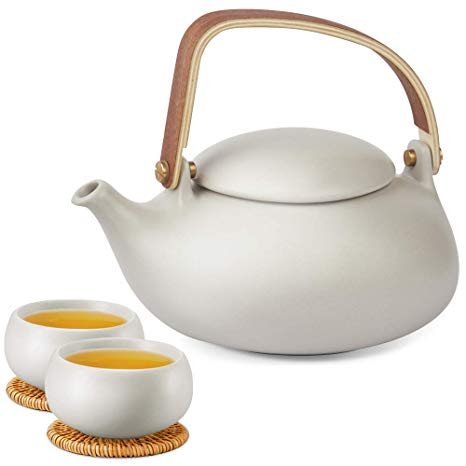 ZENS Teapot Cups Set, Modern Japanese Tea Pot Infuser 27 Ounce for Loose Tea, Frosted Ceramic Teapot and 2 Teacup & Rattan Coasters for Women, Grey