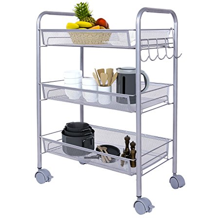 Lifewit Metal Mesh Storage Units Rolling Cart with 3 Baskets, Kitchen Cart Utility Cart Wire Rack Suitable for Kitchen, Home