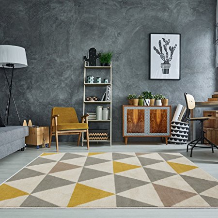 Milan Ochre Mustard Yellow Grey Beige Harlequin Triangles Traditional Living Room Rug 120cm x 170cm