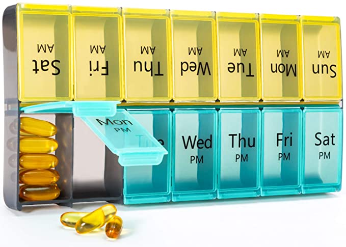 Betife Extra Large Pill Organizer AM PM, Pill Box 2 Times a Day, XL Weekly Pill Container 7 Day, Oversized Daily Pill Case, Daily Medicine Organizer for Vitamins, Fish Oils Supplement (Green-Yellow)