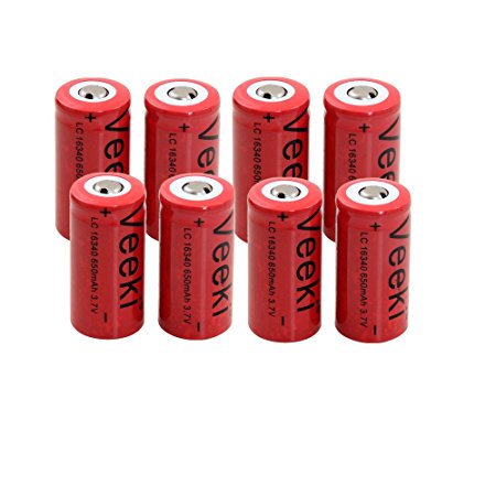 CR123A Batteries, Veeki 16340 RCR123A 3.7V 650mAh Protected Li-ion 16340 Rechargeable Batteries for High Drain Device (8 Batteries)