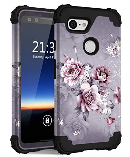 Google Pixel 3 Case, Hocase Shockproof Heavy Duty Protection Hard Plastic Silicone Rubber Case Hybrid Dual Layer Protective Phone Case for Google Pixel 3 2018 w/ 5.5" Display - Light Purple Flowers