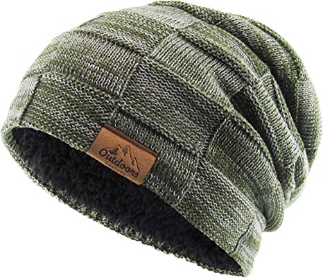 Super Warm Slouchy Fleeced Long Beanie Warm Fur Lined Winter Knit Hat Thick Skull Cap