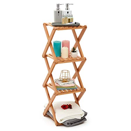 EZOWare Bathroom Storage Shelf, 4-Tier Collapsible Narrow Storage Organizer Rack Accent Tower Display Shelving – Beech Wood