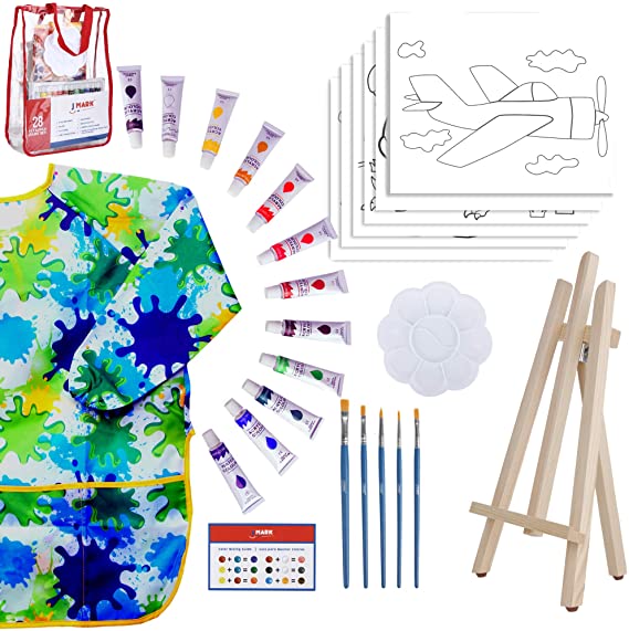Kids Paint Set for Boys – 28-Piece Acrylic Painting Supplies Kit with Storage Bag, 12 Washable Paints, 1 Scratch Free Paint Easel, 6 Pre-Stenciled Canvases 8 x 10 inches, 5 Brushes, 10 Well Palette