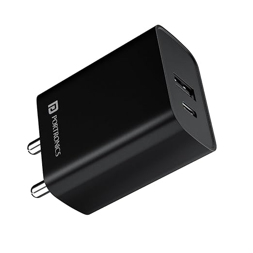 Portronics Adapto 70 33W Fast Charger Adapter with Dual Output (USB   Type C) Supports PPS Charging Via Type C Port, 27W Dash, Warp 27W, Dart, Super Dart 27W(Black)