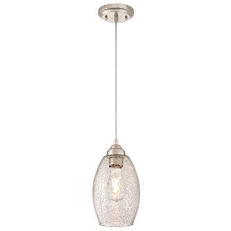 Westinghouse Lighting 6105700 One-Light Indoor Mini Pendant, Brushed Nickel Finish with Clear Crackle Glass