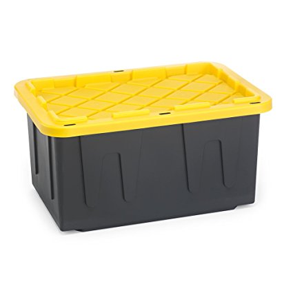 Homz Durabilt Tough Storage Tote Box, 27 Gallon, Black With Yellow Lid, Stackable, 4-Pack