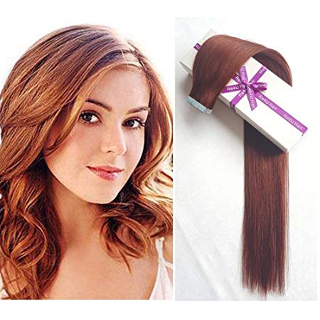 Dark Auburn Tape in Hair Extensions, Re4U 20inch Straight Copper Red 100% Blue Tape in Human Remy Hair Extensions (20"-20pcs 50g/pack #33)