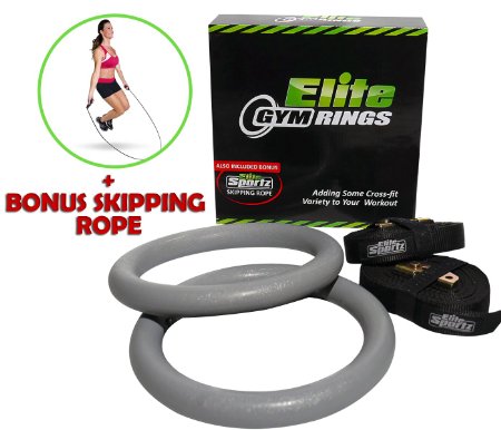 Elite Gymnastic Rings - Fitness Rings with Buckles that Don't Slip - #1 Highest Rated Gym Rings on Amazon - Free Skipping Rope Included