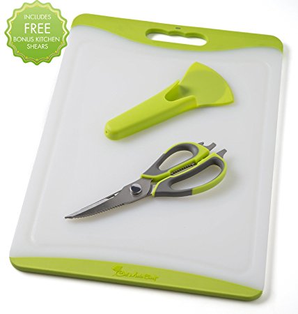 CYBER BLOW OUT SALE!! Chef Made Easy Extra Large Plastic Cutting Board (Green) with Drip Groove Includes Free Bonus multi-function scissors with magnetic case - Non-slip and Stain-resistant