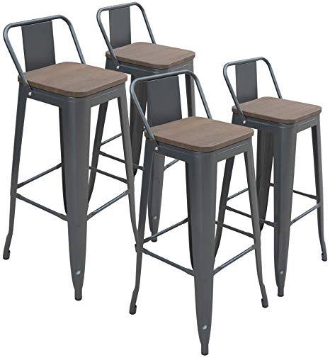 H JINHUI 30 Inch Steel Stools Counter Height Barstools Distressed Indoor Outdoor Bar Stools Set of 4 Barstools with Wood Seat/Top for Kitchen Patio Bistro Cafe Trattoria Counter Bar Stools with Back
