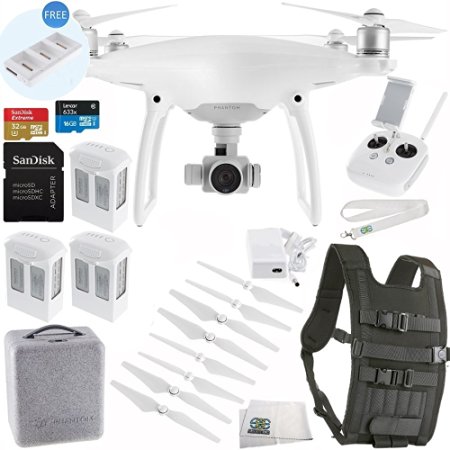 DJI Phantom 4 Quadcopter with Manufacturer Accessories   2 Extra DJI Flight Batteries   SanDisk Extreme 32GB microSDHC Memory Card   Backpack Strap Carry System for DJI Quadcopter Drones   MORE