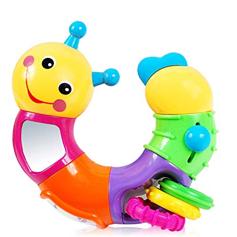 Infant Twist and Play Caterpillar Rattle | Baby Toys 6 to 12 Months with Rotary Head, Holding Rings, Colorful Beads, Small Mirror and Twisting Game