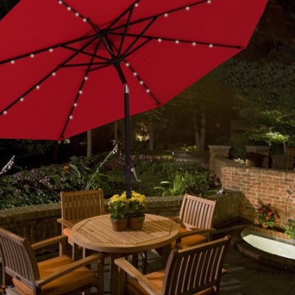 COBANA 9 Ft 32 Solar Powered LED Lighted Outdoor Table Umbrella Aluminum Patio Umbrella, 100% Polyester, Red