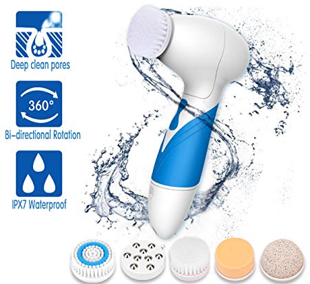SKINFUN Waterproof Facial Cleansing Brush Body and Face Scrubber Skin Microdermabrasion Exfoliator and Massager Bi-directional Rotation with 5 Brush Heads