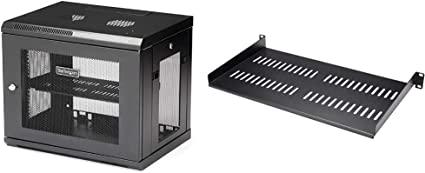 StarTech.com 2 Post 9U 19" Wall Mount Network Cabinet - Adjustable Depth 6-15"- Locking IT Switch Depth Enclosure (RK9WALM) & 1U Vented Server Rack Cabinet Shelf - 10in Deep Fixed Cantilever Tray