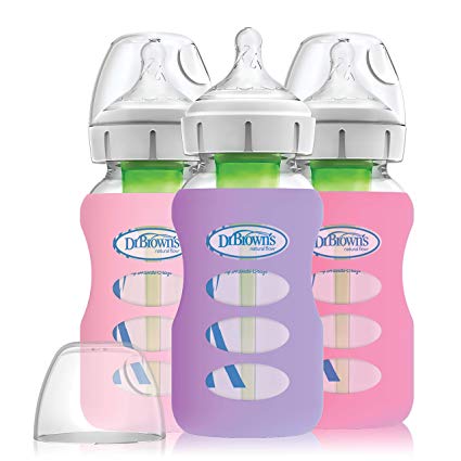 Dr. Brown's Options  Wide-Neck Glass Baby Bottles in Silicone Sleeve, Pink/Purple, 9 Ounce, 3 Count