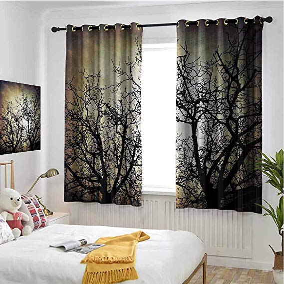 hengshu Horror Room Darkening Curtains for Bedroom Scary Twilight Scene with Grunge Tree Branch Silhouette Over Dirty Night Sky Image Pattern Curtains Long W42 x L63 Inch Sepia Black