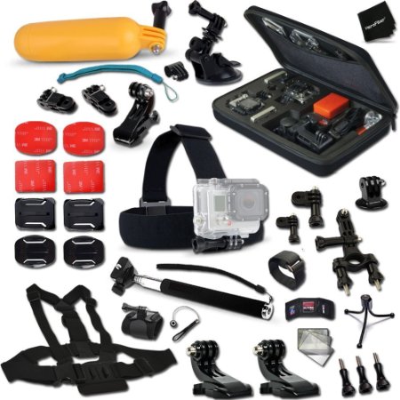 Xtech Complete Accessories Kit for GoPro HERO4 Session HERO4 Hero 4 Hero3 Hero 3 HERO3 Hero 3 HERO2 Hero 2 HD Motorsports HERO Surf Hero GoPro Hero Naked GoPro Hero 960 GoPro Hero HD 1080p GoPro Hero2 Outdoor Edition Digital Cameras Includes Custom Fitted Case  Head Strap Mount  Car Suction-cup Mount  Adjustable Chest Strap Mount  2 Chest Strap J-hooks  Extendable Handheld Monopod  Camera Wrist Mount  Floating Bobber Handle  Helmet Harness Mount  Adjustable Bike Mount  Remote Control Wrist Strap Mount  Lens Cap Keeper  Memory Card Wallet Holder  2 Screen Protectors  Mini Table Tripod  Deluxe Cleaning Kit  Ultra Fine HeroFiber Cleaning Cloth