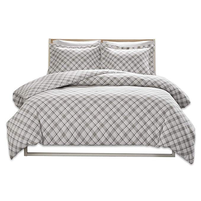 Comfort Spaces - Ultra Soft 100% Cotton Plaid Flannel Mini Duvet Cover Set - 3 Piece - Grey - Queen Size, Includes 1 Duvet Cover, 2 Shams