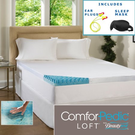 Beautyrest 4-inch Sculpted Gel Memory Foam Mattress Topper with Polysilk Cover - High Quality Sleep Mask & Comfortable Pair of Corded Earplugs Included (QUEEN)