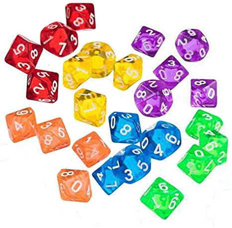 24 Pcs Transparent Polyhedral Dice Acrylic 10 Sides Game Dice with Number 0-9, Assorted Colors