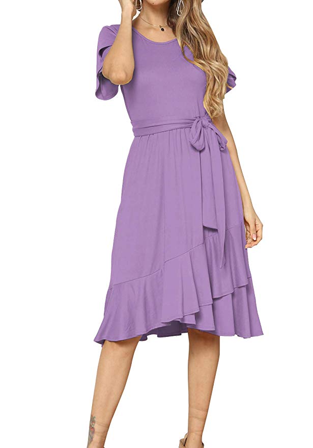 levaca Women's Plain Casual Flowy Short Sleeve Midi Dress with Belt