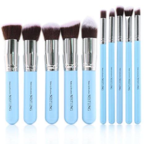 Nestling® New 10 Pcs Premium Synthetic Kabuki Makeup Brush Set Cosmetics Foundation Blending Blush Eyeliner Face Powder Brush Makeup Brush Kit(SkyBlue Silver)