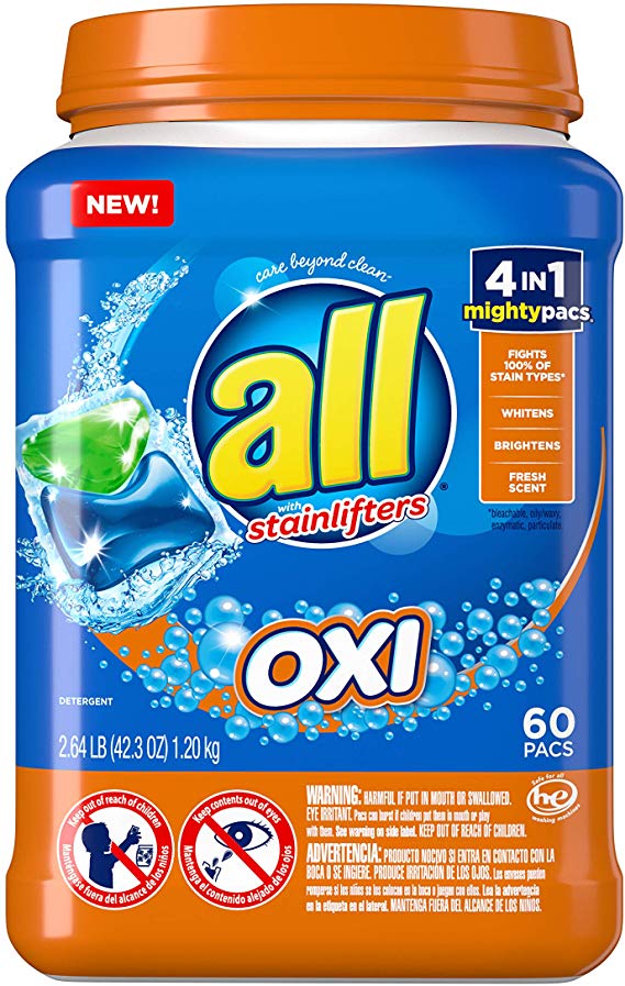 All Mighty Pacs Laundry Detergent 4 in 1 with Oxi, Tub, 60 Count