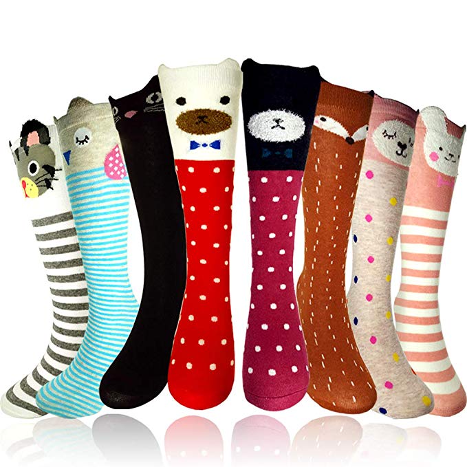 Girls Socks - Little Girls Long Socks Cartoon Animal Knee High Cotton Stockings