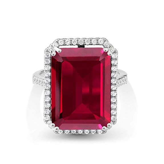 Gem Stone King 925 Sterling Silver Red Created Ruby Women's Engagement Ring (1.50 Cttw, Emerald Cut 18X13MM, Available in size 5, 6, 7, 8, 9)