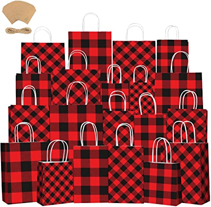 Cooraby Red and Black Buffalo Plaid Christmas Kraft Bags 24 Pieces Paper Gift Bags with 24 Pieces Tags Goody Bags for Christmas Wedding Party