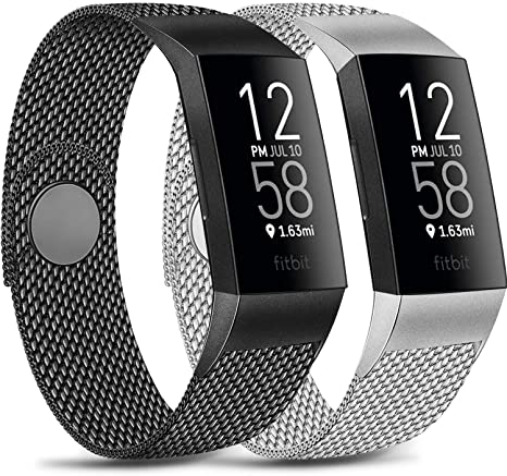 AK 2 Pack Straps for Fitbit Charge 3 Strap/Fitbit Charge 4 Strap, Adjustable Mesh Loop Stainless Steel Metal Strap Watchband with Magnet Lock for Fitbit Charge 3/Charge 4
