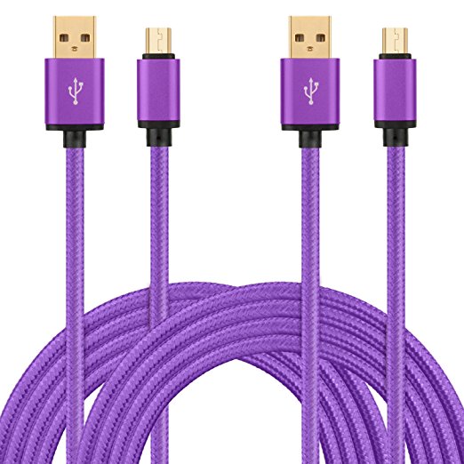 BEST4ONE, Samsung Charging Cable 10ft Long Micro USB Cord Gold-Plated and Braided Fast Charger for Samsung Galaxy S6 S7 Edge, Note 4 5, LG, HTC, Moto, Tablet, E-Reader Android Phone (Purple) Pack-2