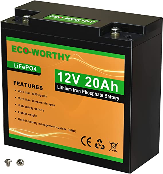 ECO-WORTHY 12V 20Ah LiFePO4 Lithium Iron Phosphate Battery with Built-in BMS Protection, Over 3000 Deep Cycle Rechargeable Battery Perfect for Trolling Motor, Kids Scooters, Fishfinder, Lawn Mower