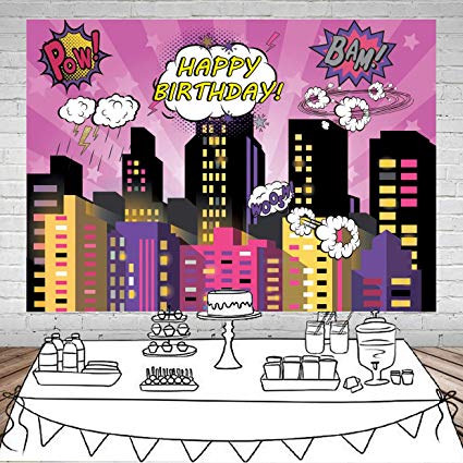 SJOLOON 7X5FT Superhero Background for Party Superhero City Photo Background Pink Girls Birthday Party Decorations Vinyl Studio Props 11476