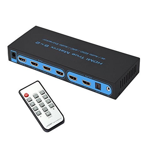 6x2 HDMI Matrix Switch FiveHome Ultra HD 4K x 2K@30Hz Switcher and Splitter with Optical & L/R Audio Output, Support PIP, ARC, Audio Extractor,3D 1080p