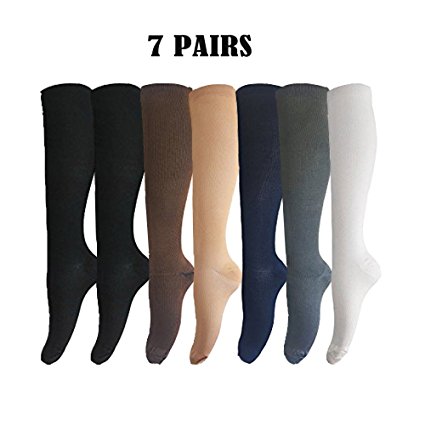 Mens/Womens Knee-High Graduated Compression Socks (7 Pack) - 15-20 mm Hg - Breathable - Prevent Fatigue/Swelling