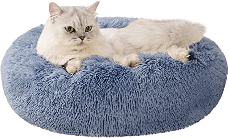 Love's cabin 24in Cat Beds for Indoor Cats - Cat Bed with Machine Washable, Waterproof Bottom - Blue Gray Fluffy Dog and Cat Calming Cushion Bed for Joint-Relief and Sleep Improvement