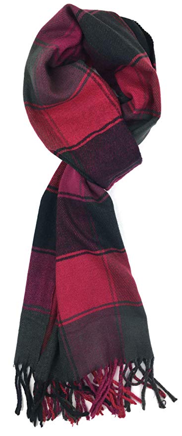 Plum Feathers Plaid Check and Solid Cashmere Feel Winter Scarf