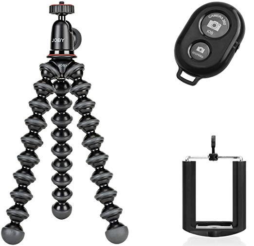 Joby New GorillaPod Hybrid For Compact Cameras Tripod with Ivation Wireless Bluetooth Camera Shutter Remote Control for Apple and Android Phones and Ivation Universal Tripod Mount for Smartphones